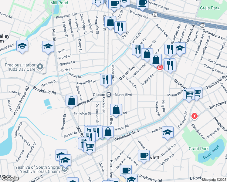 map of restaurants, bars, coffee shops, grocery stores, and more near in Valley Stream