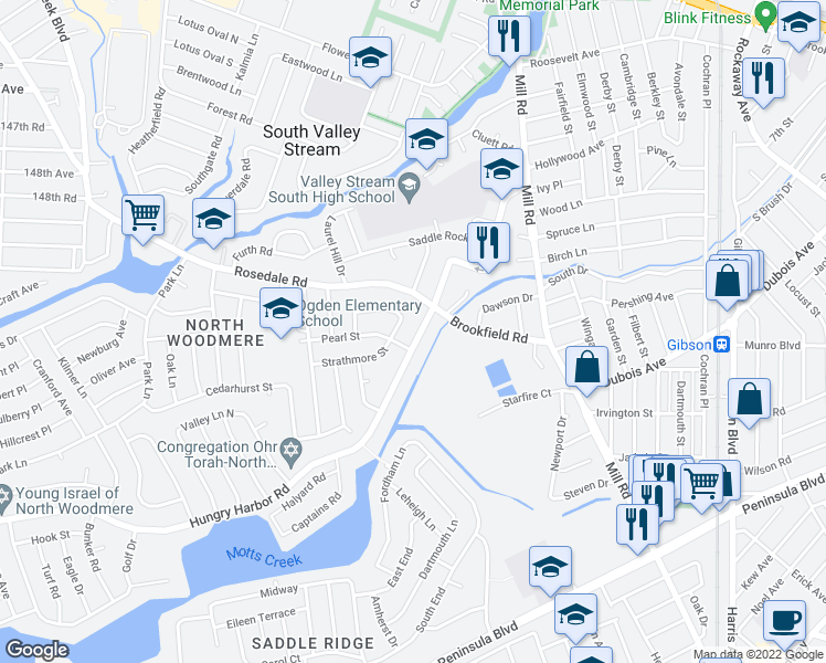 map of restaurants, bars, coffee shops, grocery stores, and more near 221 Hungry Harbor Road in Valley Stream