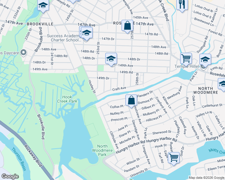 map of restaurants, bars, coffee shops, grocery stores, and more near 255-02 Craft Avenue in Queens