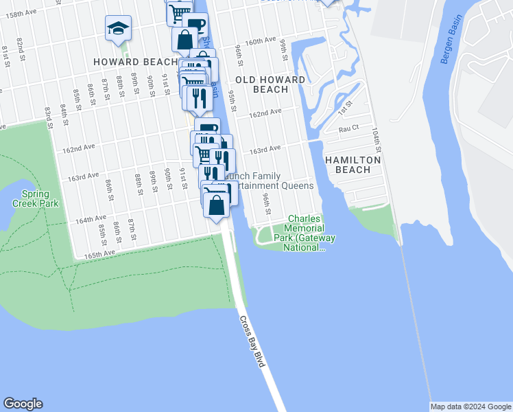 map of restaurants, bars, coffee shops, grocery stores, and more near 164-32 95th Street in Queens