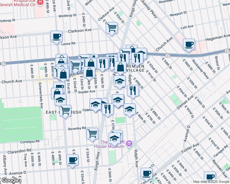 map of restaurants, bars, coffee shops, grocery stores, and more near 239 East 57th Street in Brooklyn