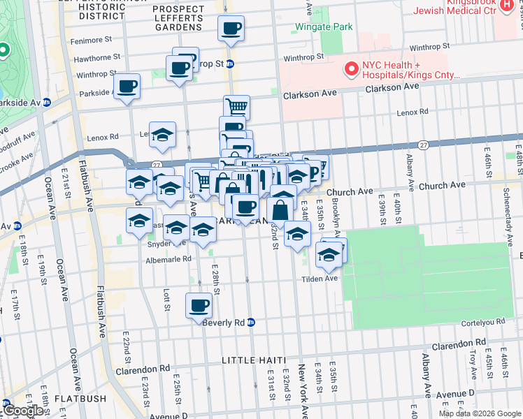 map of restaurants, bars, coffee shops, grocery stores, and more near 29 East 31st Street in Brooklyn