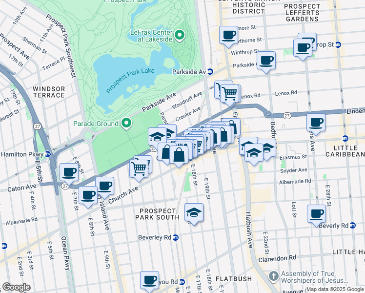 map of restaurants, bars, coffee shops, grocery stores, and more near 1811 Church Avenue in Brooklyn