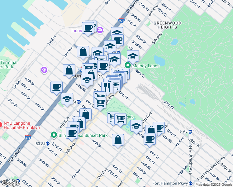 map of restaurants, bars, coffee shops, grocery stores, and more near 526 40th Street in Brooklyn