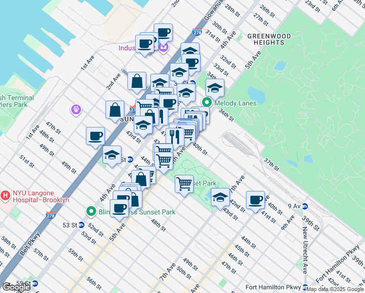 map of restaurants, bars, coffee shops, grocery stores, and more near 4104 5th Avenue in Brooklyn