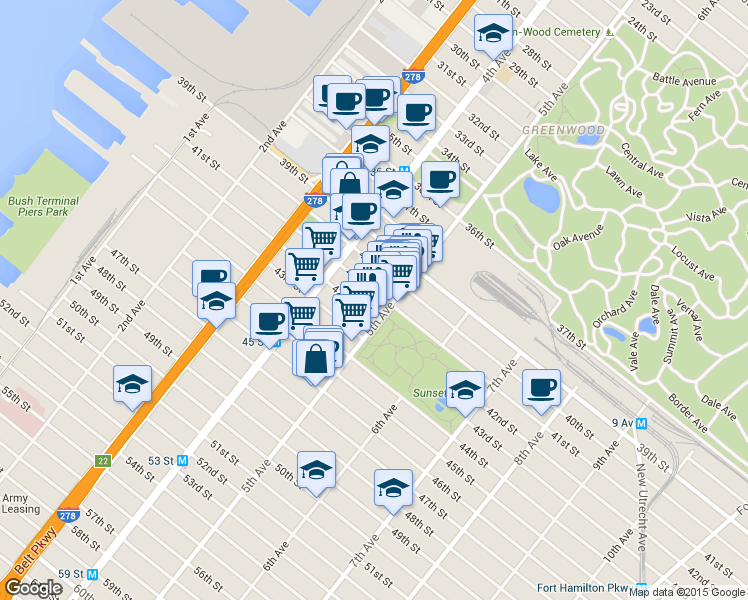 map of restaurants, bars, coffee shops, grocery stores, and more near 4104 5th Avenue in Brooklyn