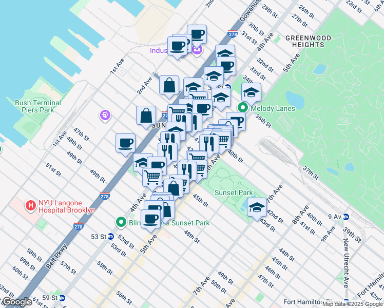 map of restaurants, bars, coffee shops, grocery stores, and more near 440 42nd Street in Brooklyn