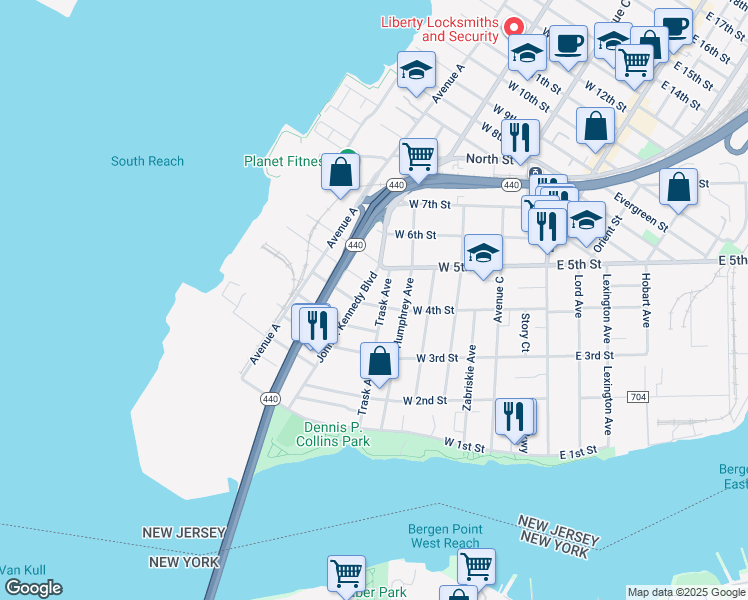 map of restaurants, bars, coffee shops, grocery stores, and more near 138 West 4th Street in Bayonne