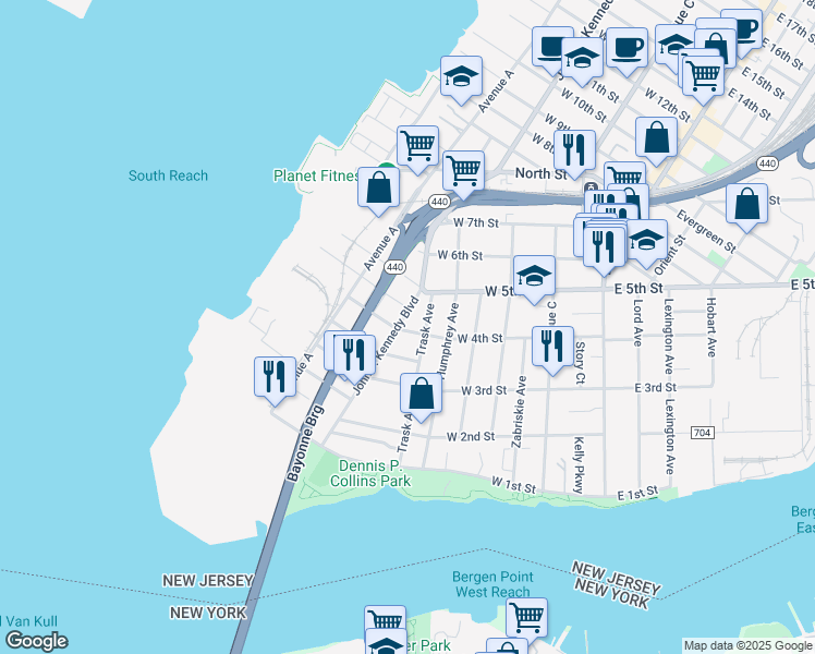 map of restaurants, bars, coffee shops, grocery stores, and more near 138 West 4th Street in Bayonne