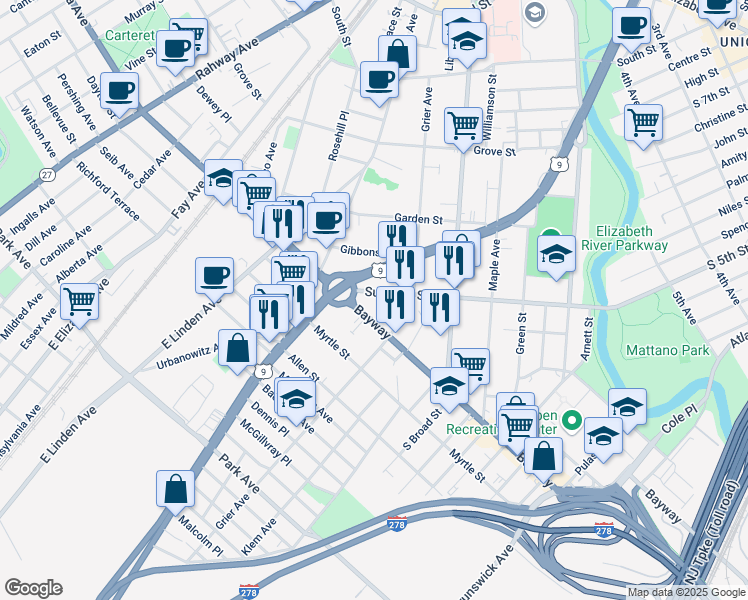 map of restaurants, bars, coffee shops, grocery stores, and more near 829-833 Bayway Avenue in Elizabeth