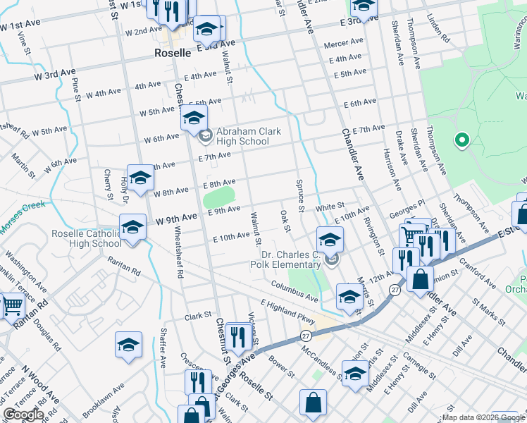map of restaurants, bars, coffee shops, grocery stores, and more near 955 Walnut Street in Roselle