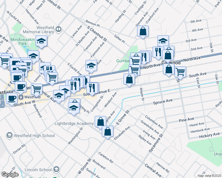 map of restaurants, bars, coffee shops, grocery stores, and more near 424 South Avenue East in Westfield
