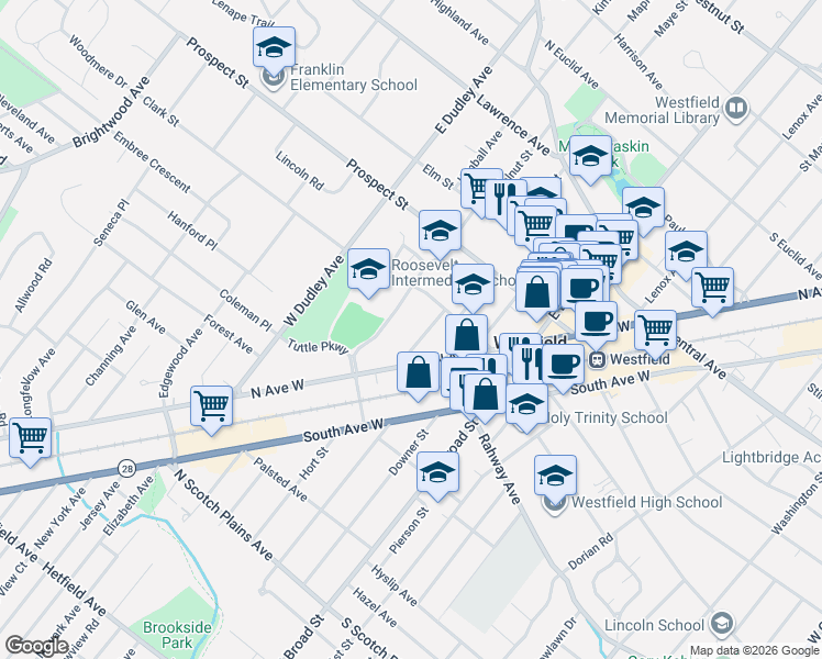 map of restaurants, bars, coffee shops, grocery stores, and more near 238 Charles Street in Westfield