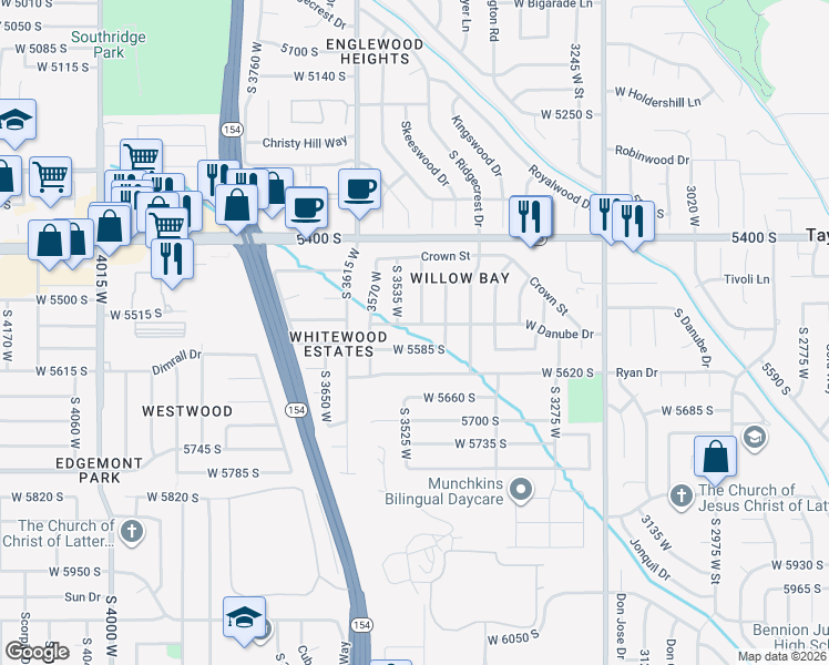 map of restaurants, bars, coffee shops, grocery stores, and more near 3520 West 5585 South in Salt Lake City