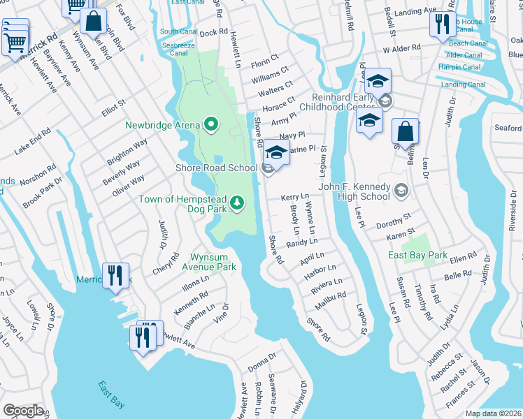 map of restaurants, bars, coffee shops, grocery stores, and more near 2864 Shore Road in Bellmore