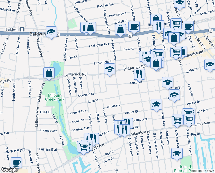map of restaurants, bars, coffee shops, grocery stores, and more near 199 Washington Street in Freeport