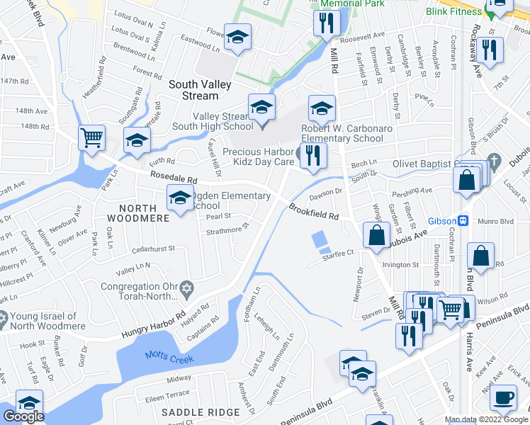 map of restaurants, bars, coffee shops, grocery stores, and more near 221 Hungry Harbor Road in Valley Stream