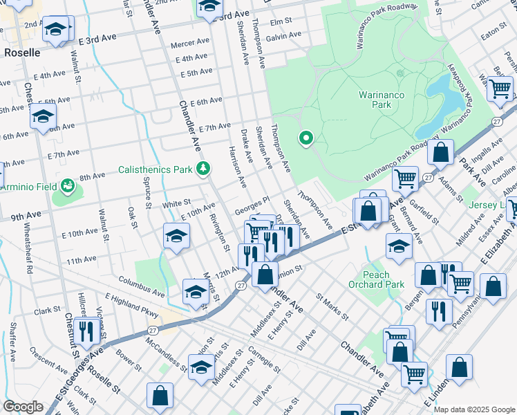map of restaurants, bars, coffee shops, grocery stores, and more near 1032 Harrison Avenue in Roselle