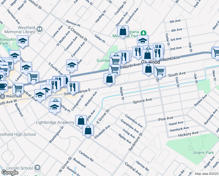 map of restaurants, bars, coffee shops, grocery stores, and more near 651 South Avenue in Garwood