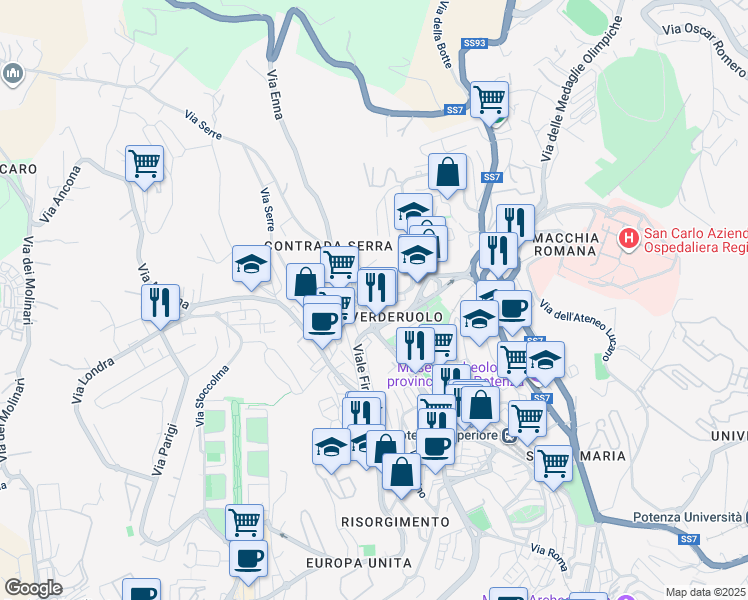 map of restaurants, bars, coffee shops, grocery stores, and more near 52 Via Messina in Potenza
