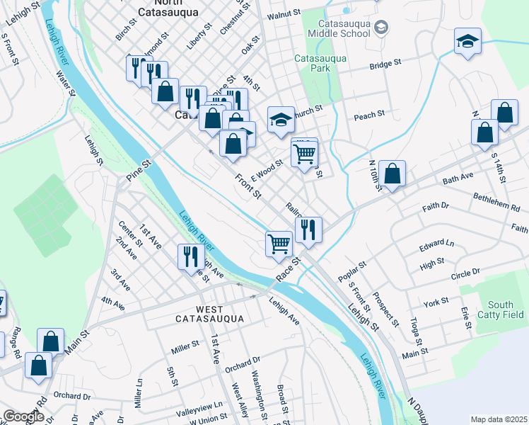map of restaurants, bars, coffee shops, grocery stores, and more near 137 Canal Street in Catasauqua