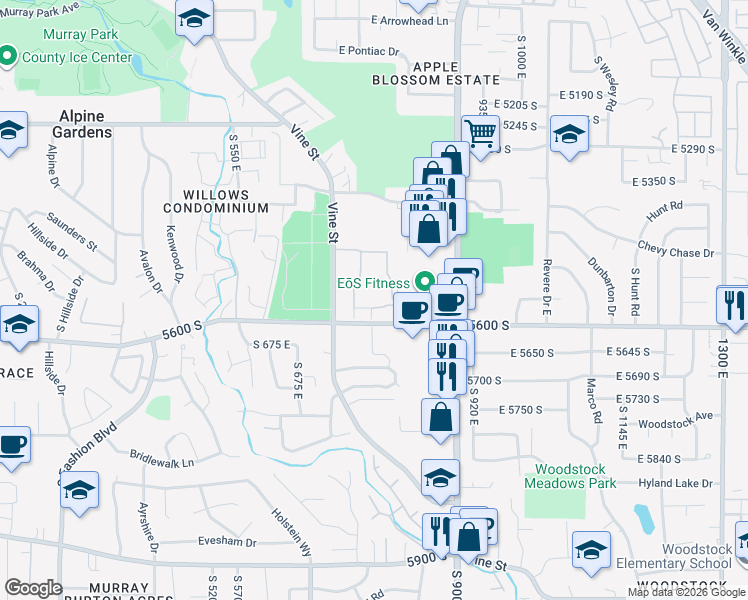 map of restaurants, bars, coffee shops, grocery stores, and more near 5560 South Vine Street in Murray