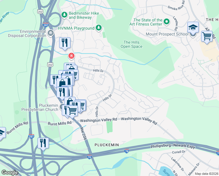 map of restaurants, bars, coffee shops, grocery stores, and more near 23 Bentley Court in Bedminster