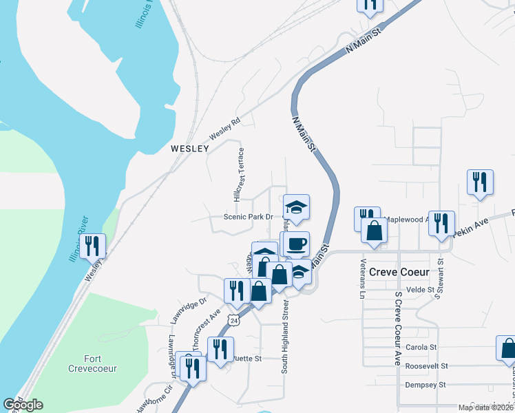 map of restaurants, bars, coffee shops, grocery stores, and more near 205 Scenic Park Drive in Creve Coeur