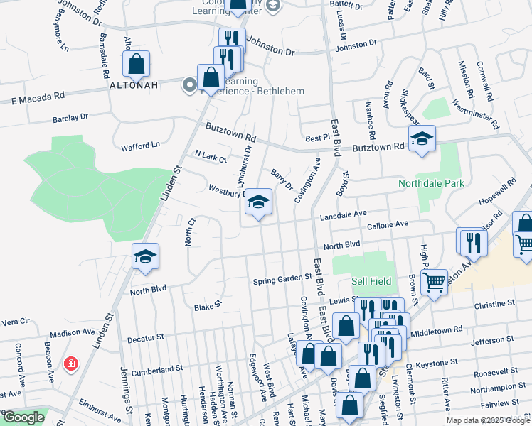 map of restaurants, bars, coffee shops, grocery stores, and more near 2618 West Boulevard in Bethlehem