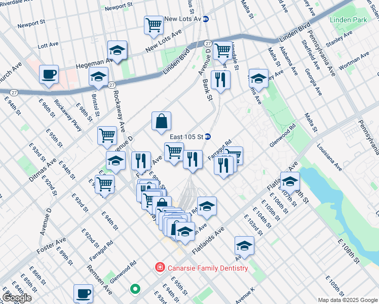 map of restaurants, bars, coffee shops, grocery stores, and more near 10300 Foster Avenue in Brooklyn