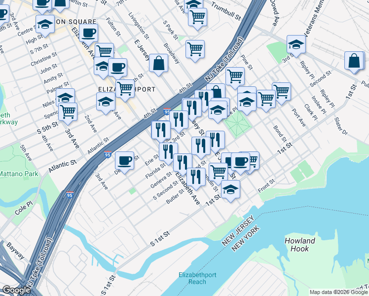 map of restaurants, bars, coffee shops, grocery stores, and more near 241 Marshall Street in Elizabeth