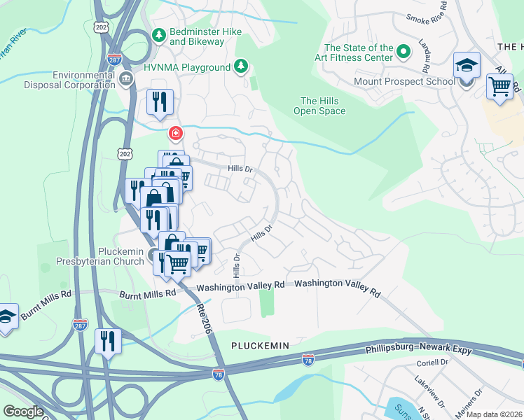 map of restaurants, bars, coffee shops, grocery stores, and more near 23 Bentley Court in Bedminster