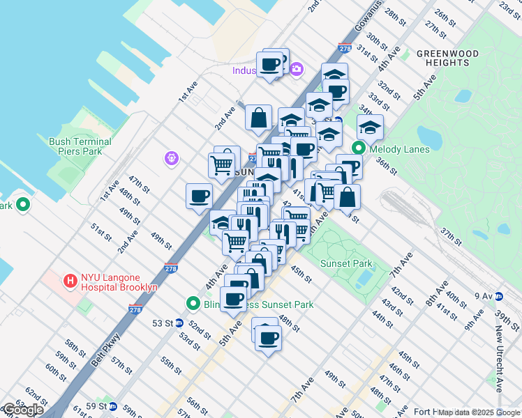 map of restaurants, bars, coffee shops, grocery stores, and more near 4302 4th Ave in Brooklyn