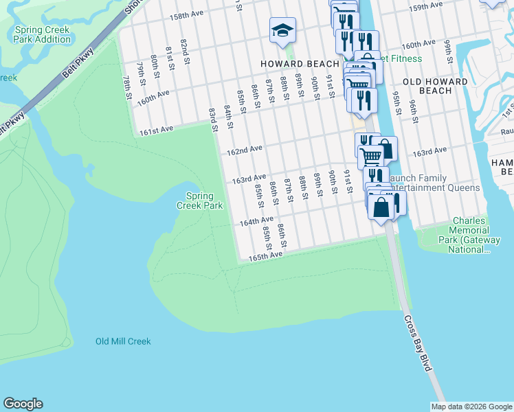 map of restaurants, bars, coffee shops, grocery stores, and more near 163-44 85th Street in Queens