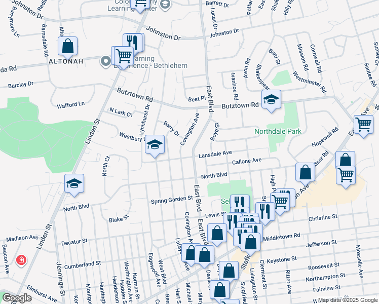 map of restaurants, bars, coffee shops, grocery stores, and more near Blvd Grand Cru in Bethlehem