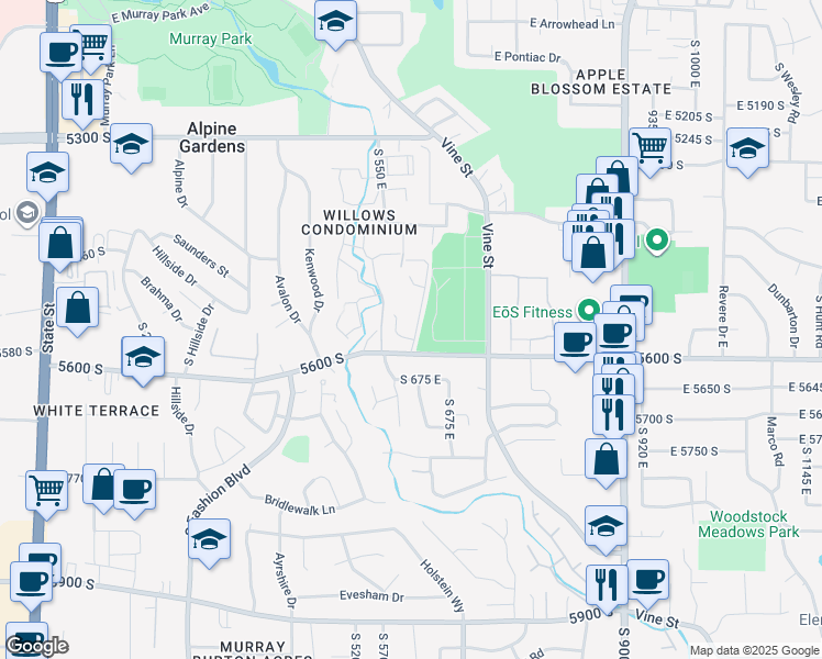 map of restaurants, bars, coffee shops, grocery stores, and more near 5566 Springtree Lane in Murray