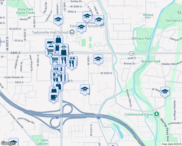 map of restaurants, bars, coffee shops, grocery stores, and more near 1474 5550 South in Salt Lake City