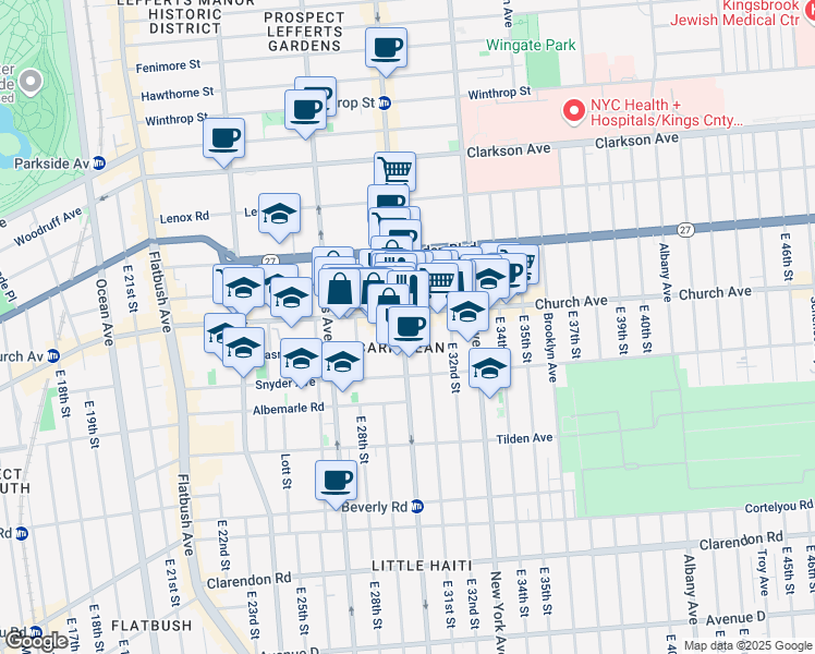 map of restaurants, bars, coffee shops, grocery stores, and more near 165 Erasmus Street in Brooklyn