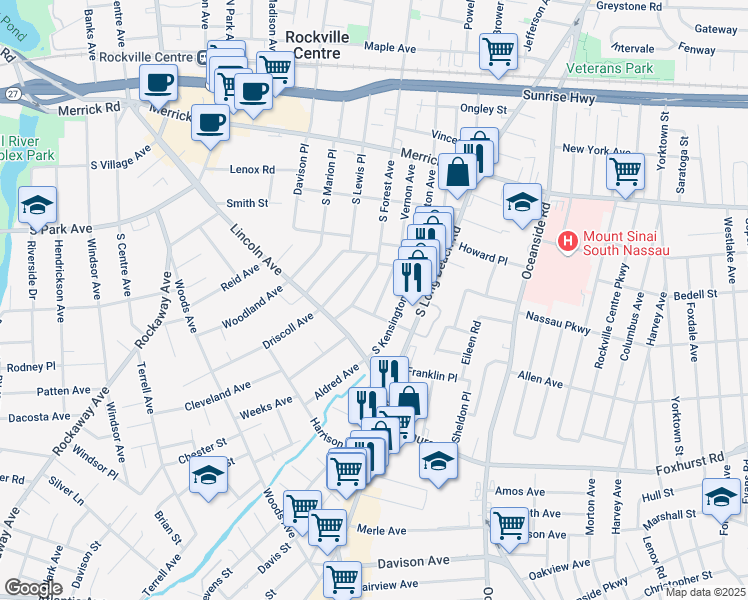map of restaurants, bars, coffee shops, grocery stores, and more near 8 Hawthorne Avenue in Rockville Centre