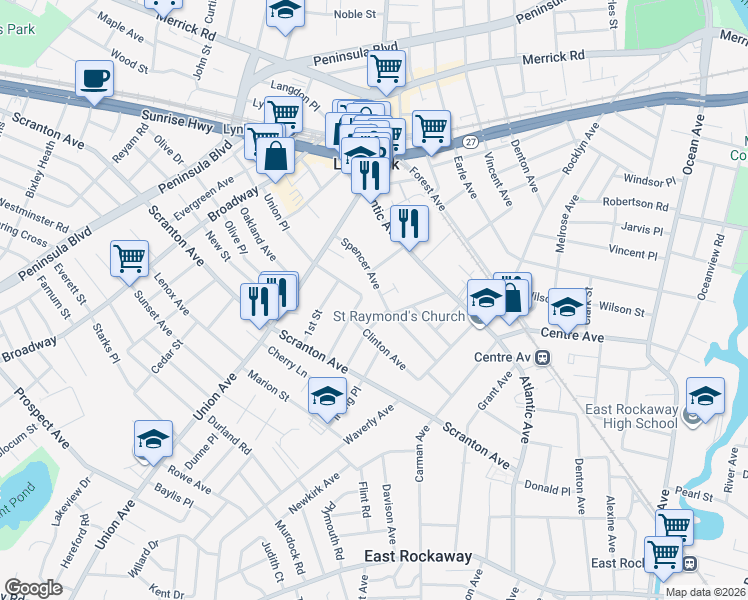 map of restaurants, bars, coffee shops, grocery stores, and more near 111 Spencer Avenue in Lynbrook