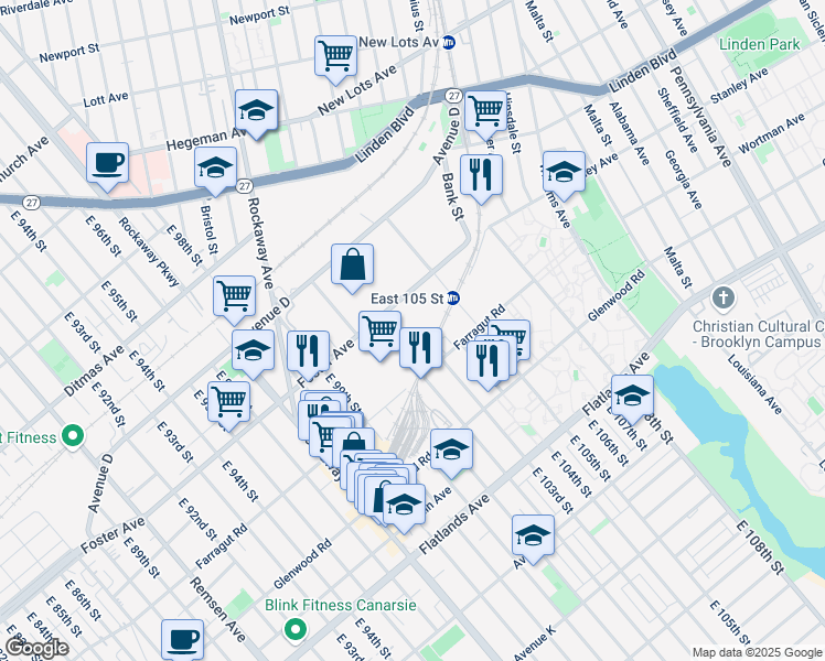 map of restaurants, bars, coffee shops, grocery stores, and more near 10300 Foster Avenue in Brooklyn