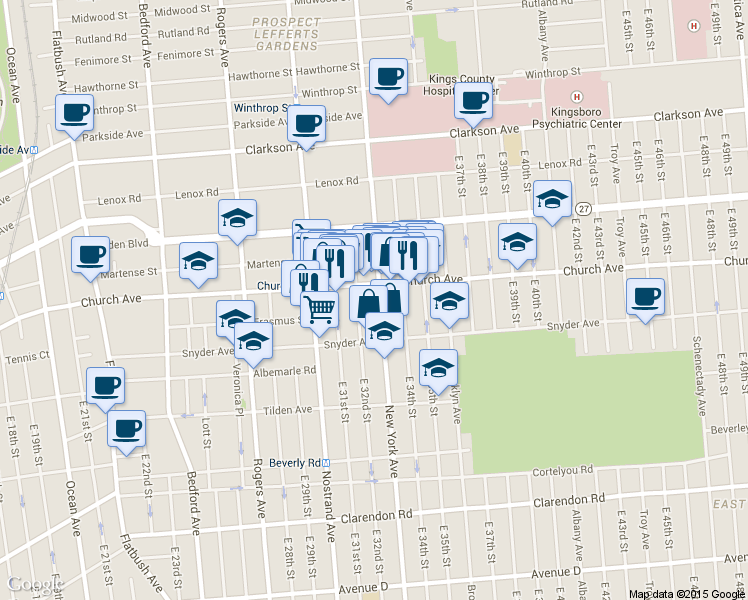 map of restaurants, bars, coffee shops, grocery stores, and more near 956 New York Avenue in Brooklyn