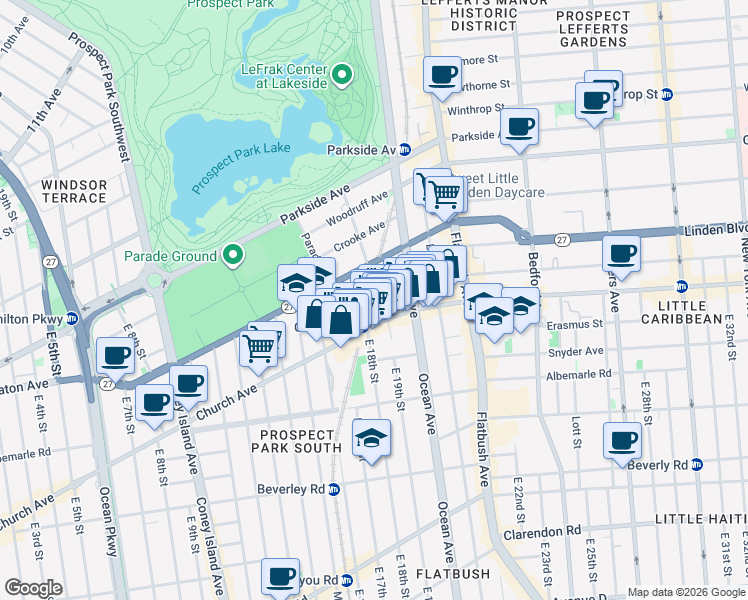 map of restaurants, bars, coffee shops, grocery stores, and more near 1811 Church Avenue in Brooklyn