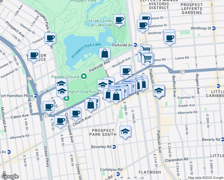 map of restaurants, bars, coffee shops, grocery stores, and more near 21 East 16th Street in Brooklyn