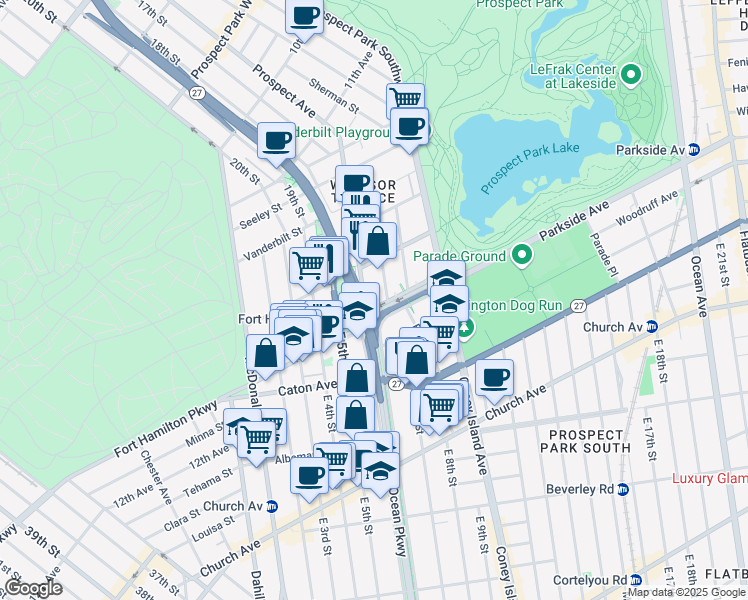 map of restaurants, bars, coffee shops, grocery stores, and more near 1621 Prospect Avenue in Brooklyn