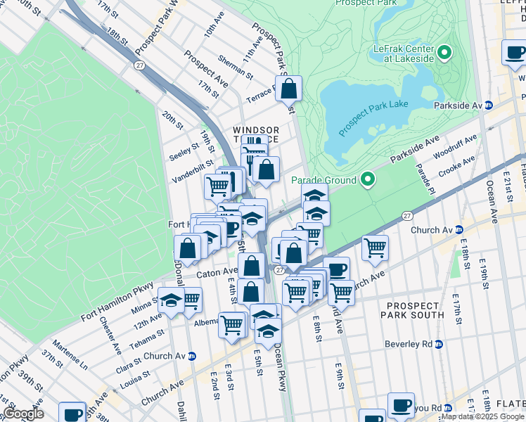 map of restaurants, bars, coffee shops, grocery stores, and more near 1621 Prospect Avenue in Brooklyn