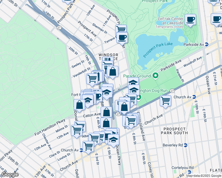 map of restaurants, bars, coffee shops, grocery stores, and more near 1621 Prospect Avenue in Brooklyn