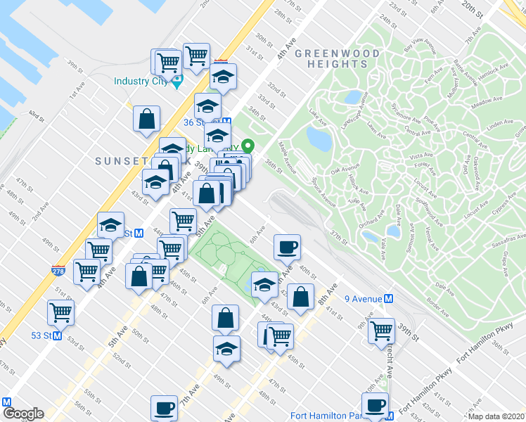 map of restaurants, bars, coffee shops, grocery stores, and more near 566 39th Street in Brooklyn