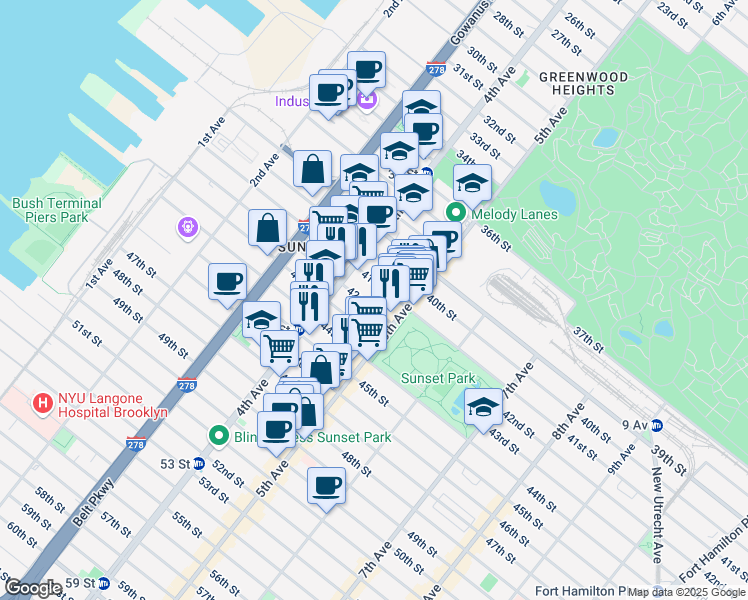 map of restaurants, bars, coffee shops, grocery stores, and more near 440 42nd Street in Brooklyn