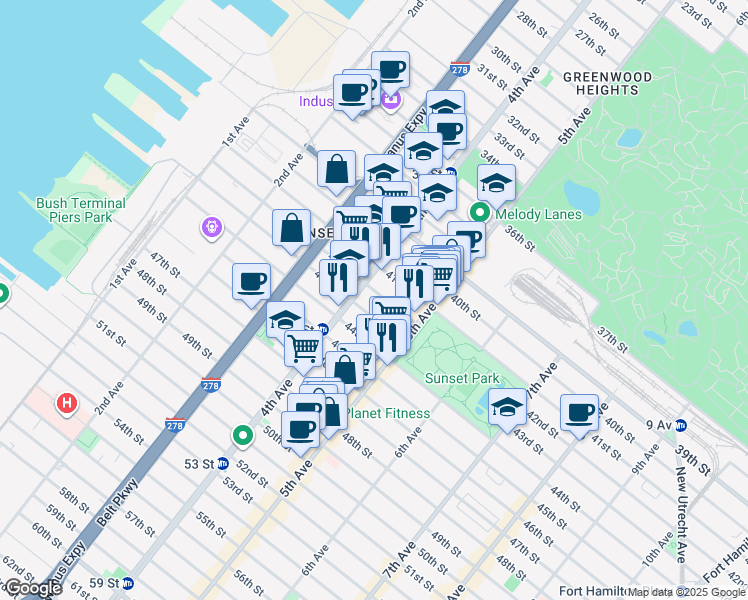 map of restaurants, bars, coffee shops, grocery stores, and more near 440 42nd Street in Brooklyn